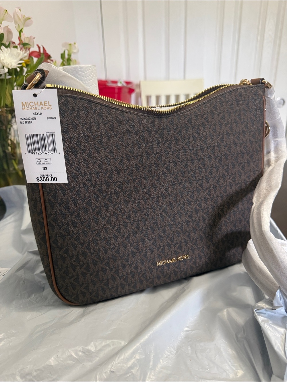 Michael Kors Brown MK Signature Shoulder Bag with Gold Hardware